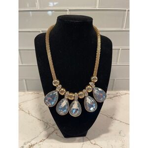 Gold Tone Mesh Bib Necklace with Large Teardrop Crystals and Rhinestone Accents